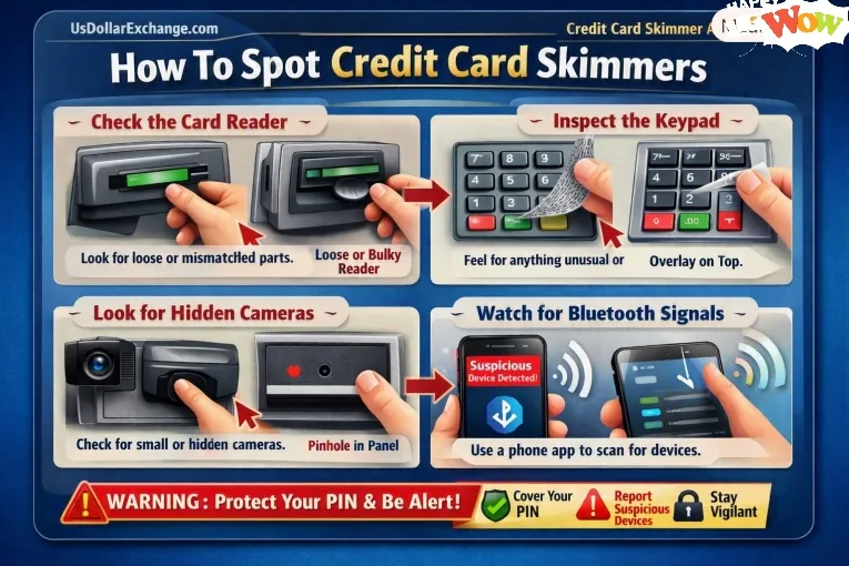 How to spot credit card skimmers: check reader, keypad, cameras, and Bluetooth signals.
