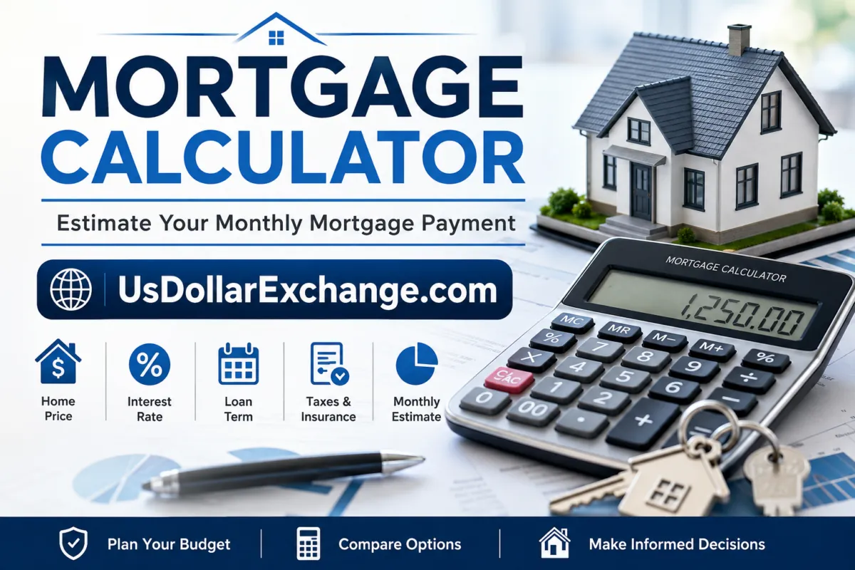 Mortgage calculator with UsDollarExchange.com logo, home price, interest rate, loan term, taxes & insurance icons.