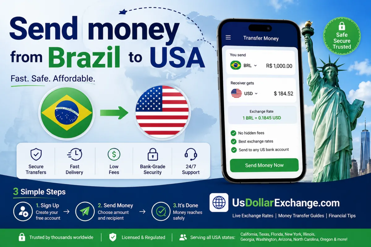Send money from Brazil to USA with Safe, Secure, Trusted service. Includes steps and icons.