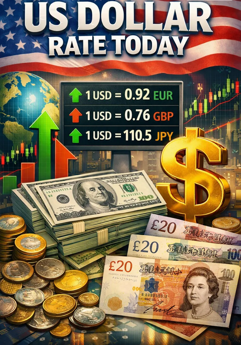 US Dollar rate today shows exchange rates for EUR, GBP, and JPY with currency stacks and a globe.