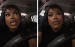 Woman in car looking upset, discussing a date.