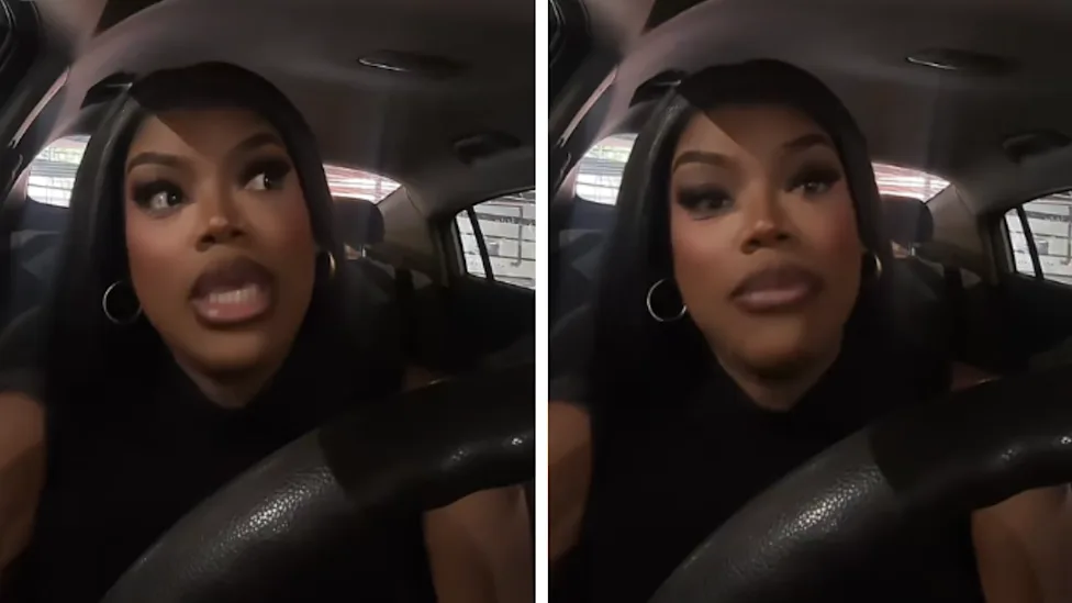 Woman in car looking upset, discussing a date.
